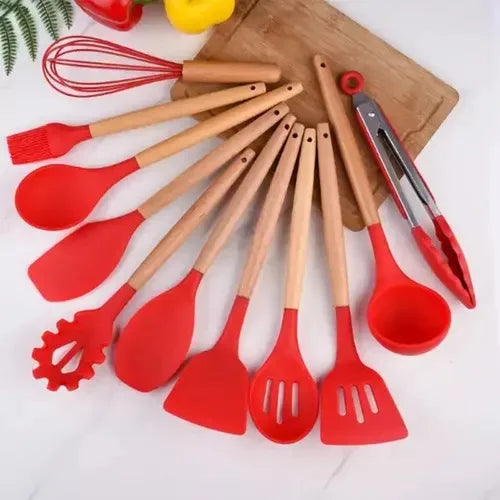 Kit Colher De Silicone Para Cozinha, BPA Antiferrugem, Conjunto De Utensílios De Cozinha De Madeira, 12 Peças