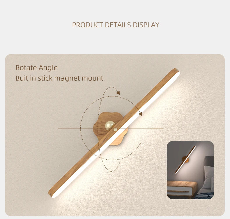 luz noturna LED de madeira - Lâmpada de parede magnética portátil recarregável